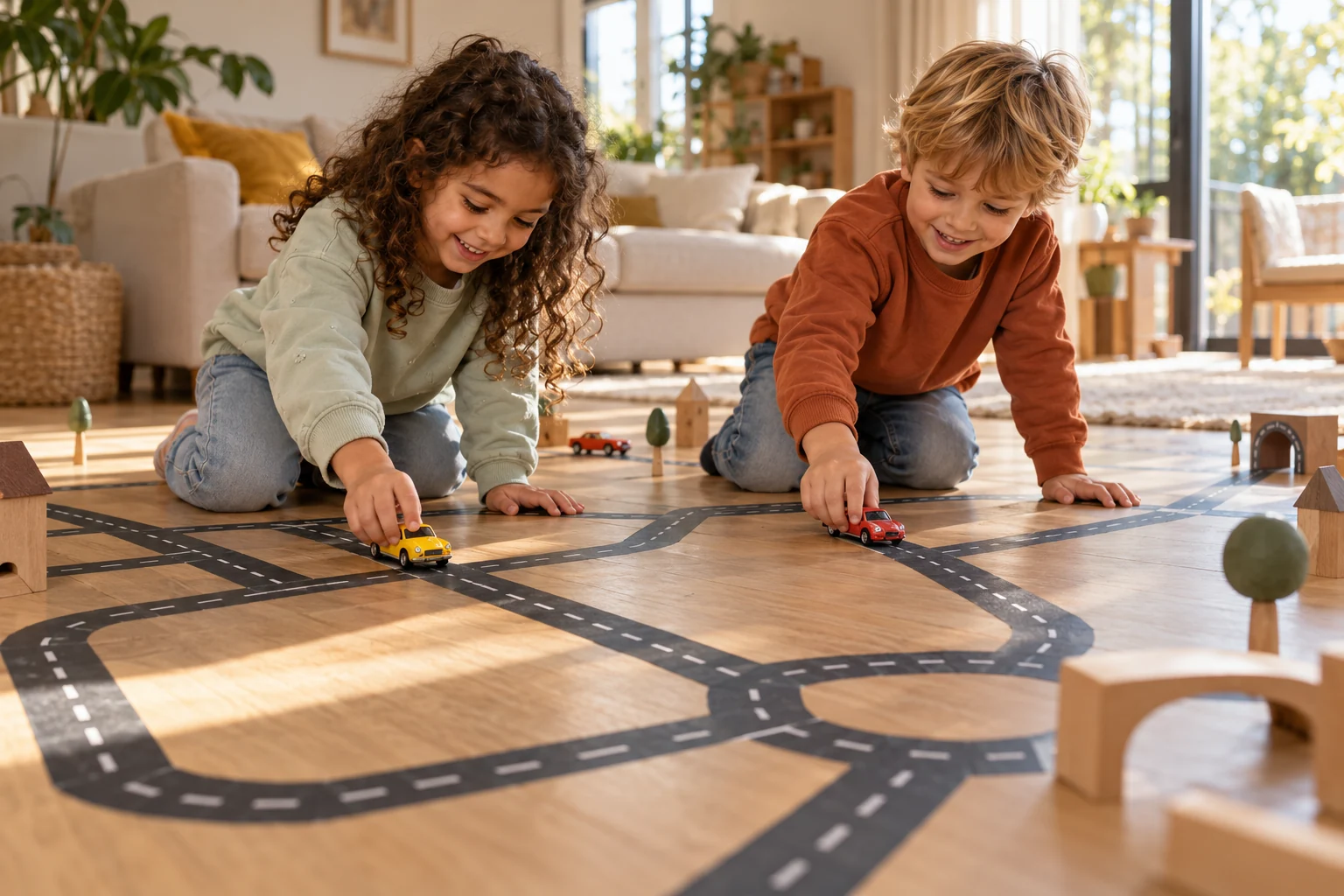 Twee kinderen spelen met kleine auto's op een racebaan van tape op de houten woonkamervloer