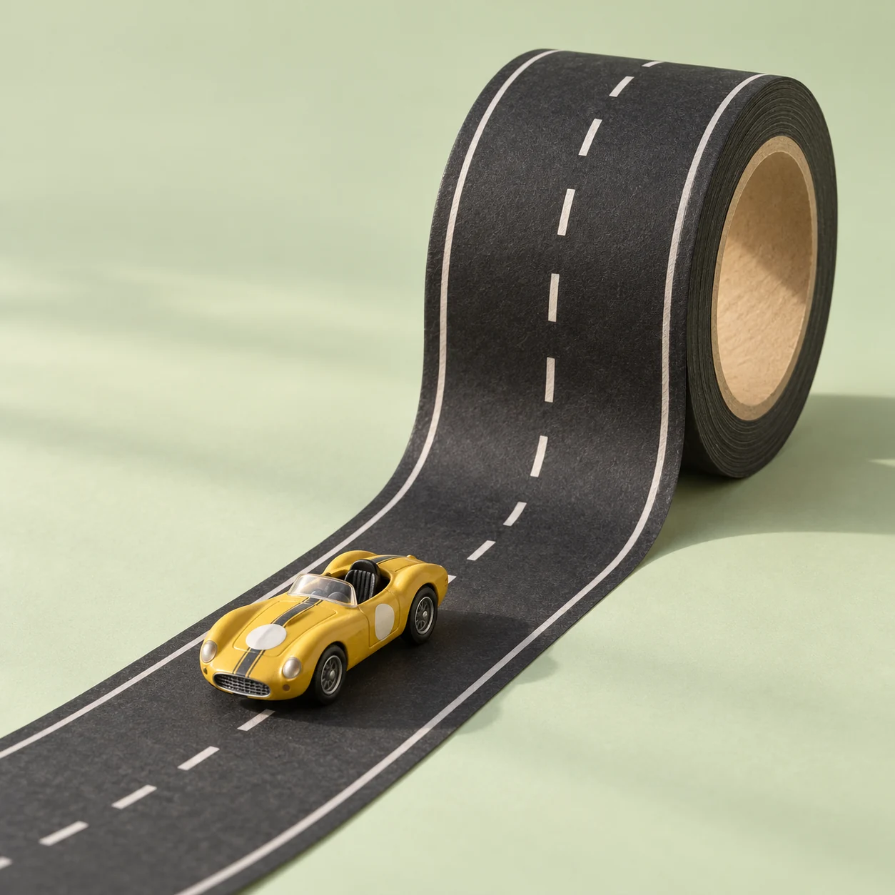 Een rol zwarte racebaantape met witte wegmarkering en een geel speelgoedautootje